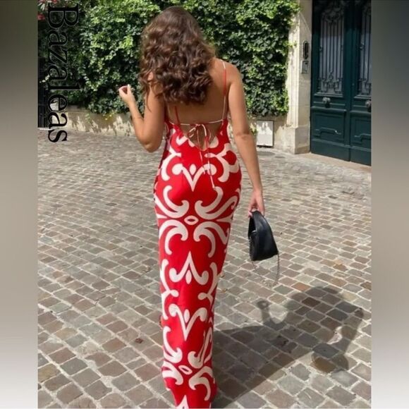 Blogger favorite red satin halter dress with floral applique (brand Mango) - Picture 14 of 15